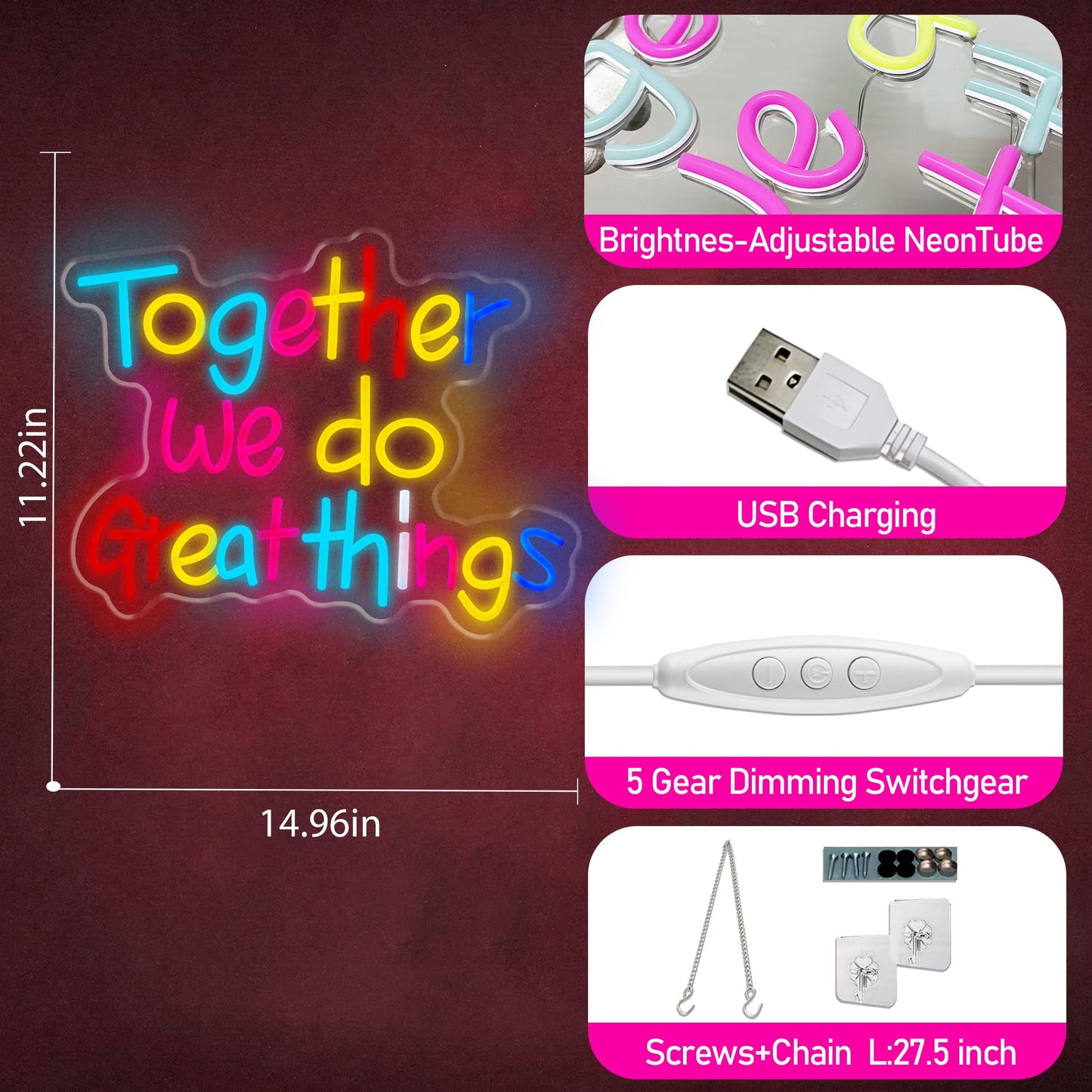 Together We Do Great Things Neon Sign Dimmable LED USB Powered Neon Light UP for Classroom Wall Decor Art Positive Bedroom Library Study Room Home for Student Kid Teen Birthday Party Christmas Backdrop Decoration Gift (Together We Do Great Things)