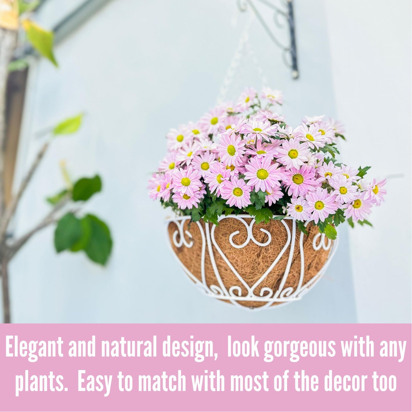 LaLaGreen Hanging Planter for Outdoor (20 Inch, 4 Pack) Large White Metal Wire Hanging Plant Planter with Coco Liner Round Porch Modern Garden Balcony Deck Country Decor Flower Pot Holder Hanger
