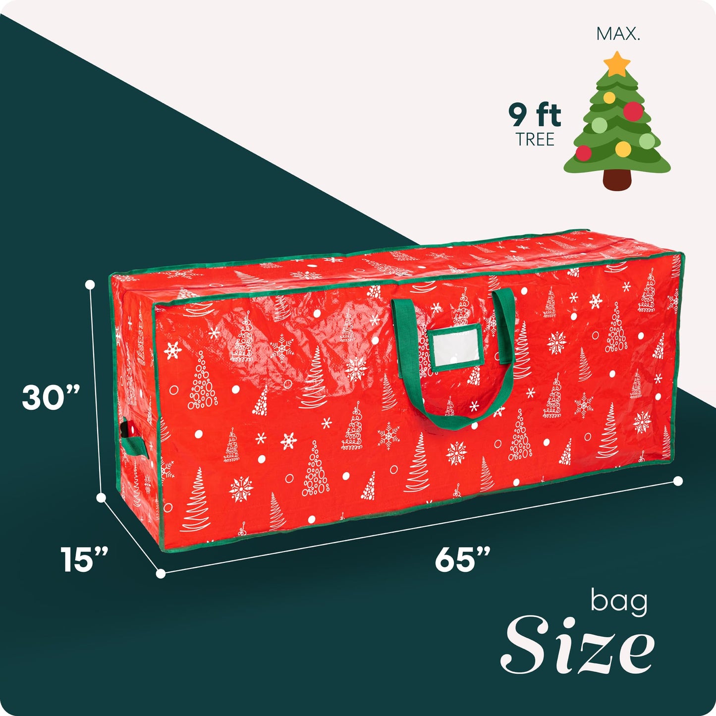 Christmas Tree Storage Bag - Stores 9 Foot Artificial Xmas Holiday Tree, Durable Waterproof Material, Zippered Bag, Carry Handles - Protects Against Dust, Insects and Moisture (Red Printed)