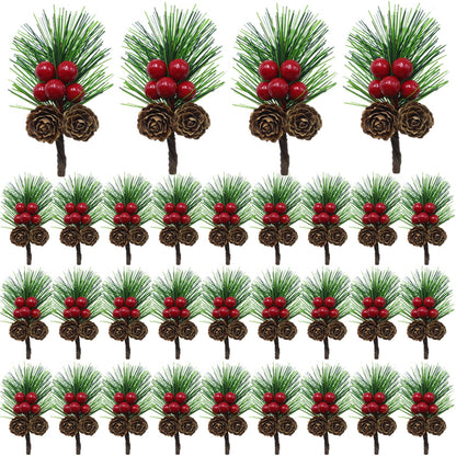 Christmas Floral Picks with Pine Cones and Holly Berries, 30Pcs Artificial Pine Greenery Stems Christmas Picks and Sprays for Holiday Decoration, Crafts, Gift Wrap Embellishments (30)