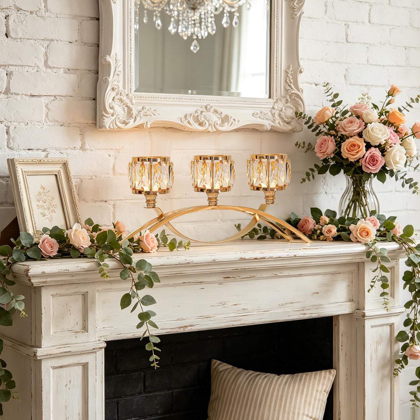 KEHAIL 3 Arms Crystal Candle Holders, Arch Candlestick Table Candelabras Centerpieces for Wedding, Dinning Room, Cabinet Ornaments, Home Decoration， Gift (3-arm Arched, Gold)