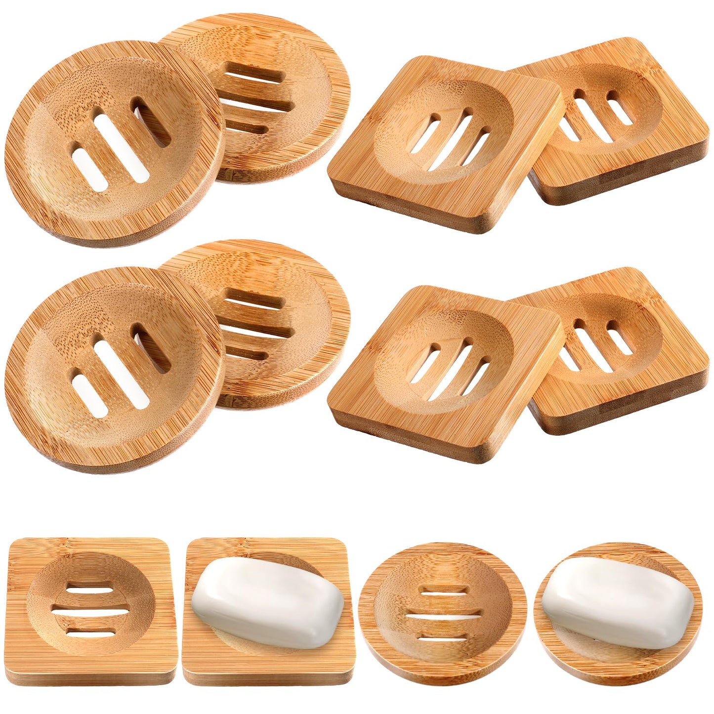 12 Pcs Bamboo Soap Dishes, Wooden Soap Tray Soaps Holder for Bathroom, Shampoo Bar Holder for Shower, for Home Bathroom(Square & Round)