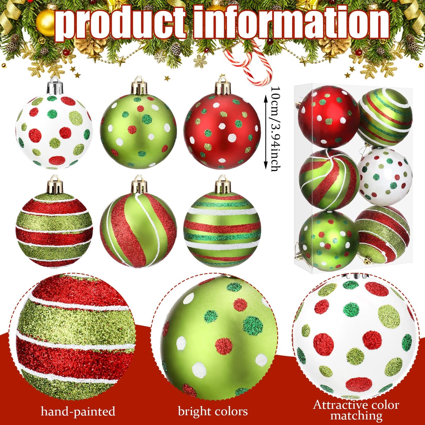Liliful 6 Pcs Christmas Tree Ornaments 3.9'' Glitter Red Green White Hanging Ball Large Plastic Balls Swirl Candy Cane Peppermint Big Christmas Pendants Baubles for Holidays Xmas Tree Decoration