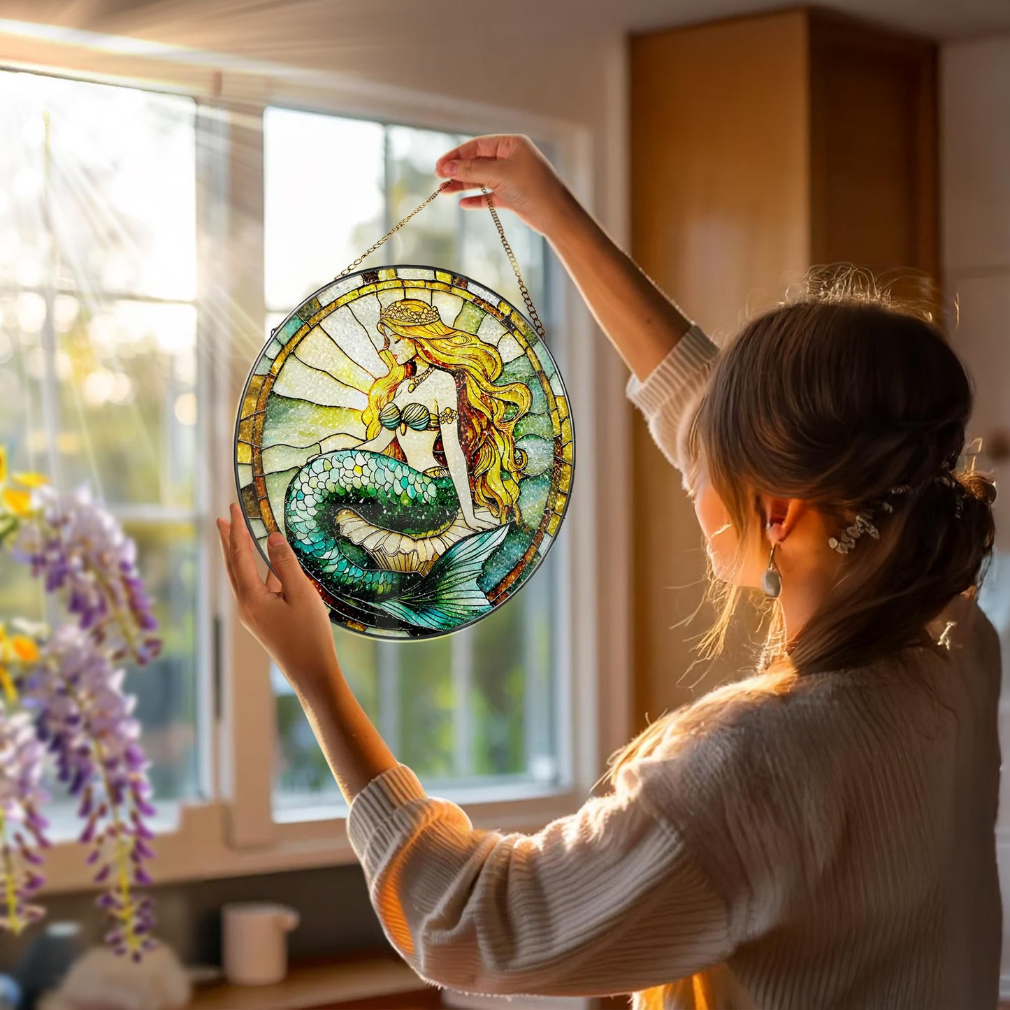 Stained Glass Window Hanging, 8 Inch Mermaid Suncatcher Stained Glass Ornament, Suncatchers for Windows Hanging, Sun Catchers Indoor Window, Mermaid Gifts, Gifts for Friends, Housewarming Gift