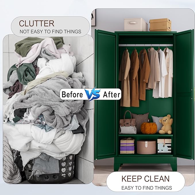 71" Metal Armoire Wardrobe Closet, Steel Clothing Storage Cabinet
