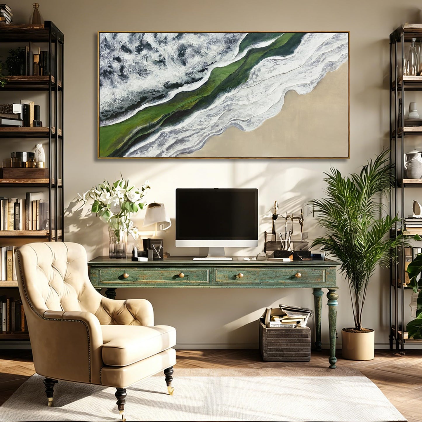 Sage Green Wall Art Abstract White Green Beach Wave Wall Decor Framed Canvas Prints Posters Pictures Artwork 24"x48" Ready to Hang