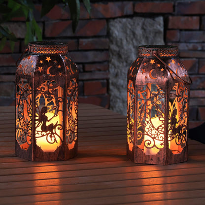 Singingarden Solar Lanterns Outdoor Garden Hanging Lantern Waterproof LED Metal Bronze Moon Fairy Lantern Waterproof Flickering Flameless Candle Mission Lights for Table,Patio,Mother's Day Gift(2Pack)