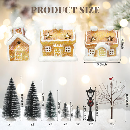GlikCeil 17pcs LED Christmas Gingerbread Village Sets 3 Ceramic Gingerbread Houses Decor 2 Birch Trees 10 Pine Trees 2 Streetlight Christmas Figurines for Mantel Tabletop Shelf Decor