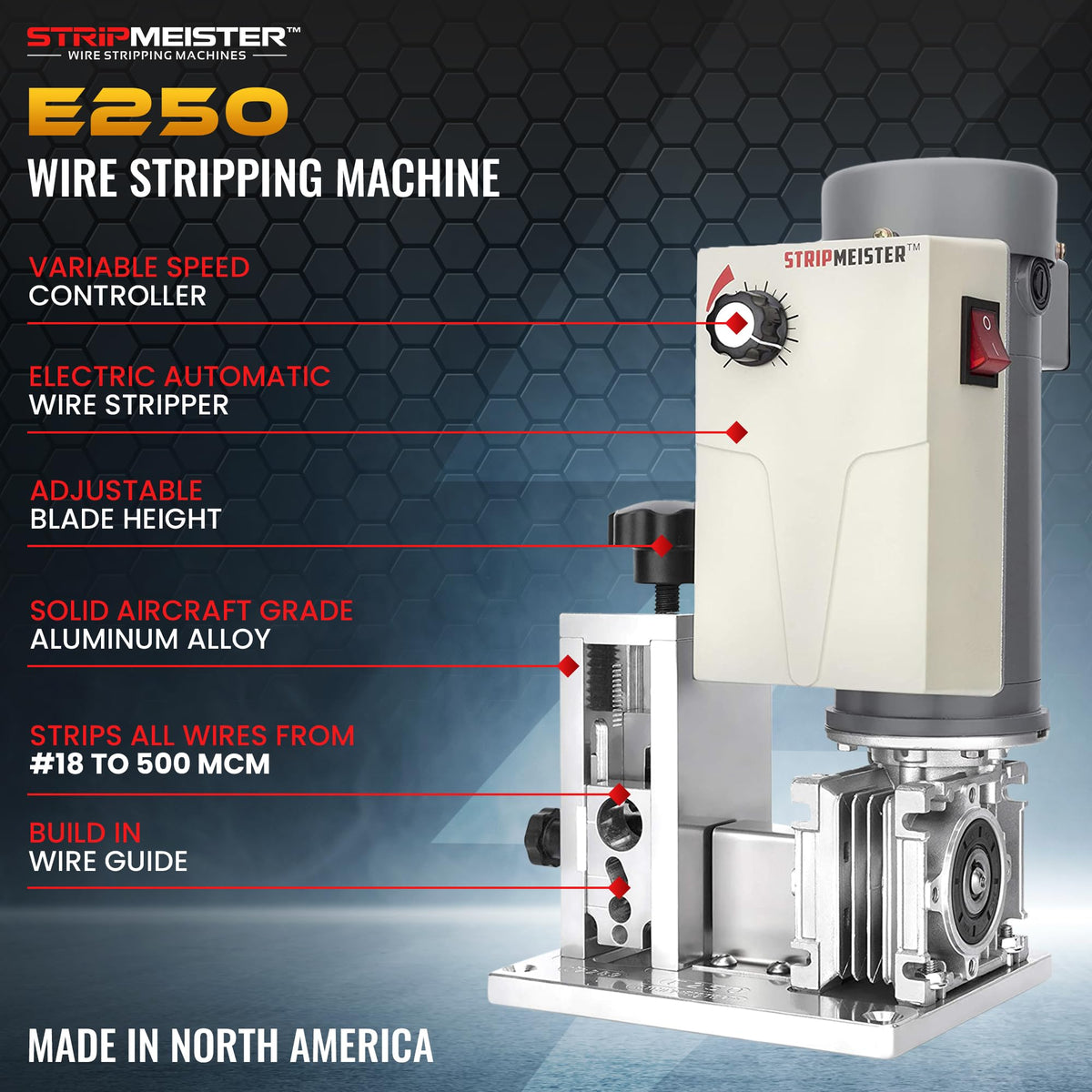 StripMeister E250 Electric Automatic Wire Stripping Machine – Wire Size Up To Ø3/4", Jam-Free, Motorized Wire Stripper with Variable Speed Control for Copper Wires