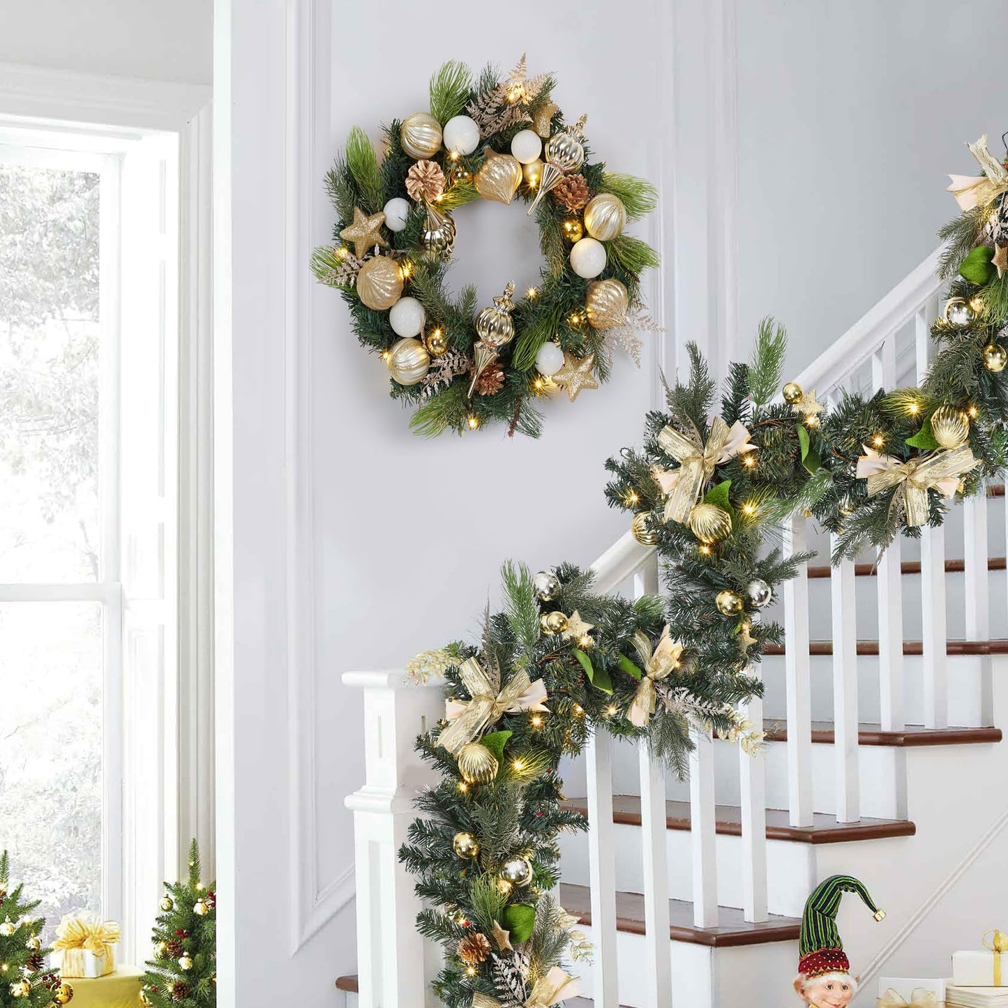 LinTimes 6 FT Pre-Lit Christmas Garland, Gold Lighted Xmas Garland with 20 LED Lights with Timer for Mantle Staircase Table, Winter Garland with Ribbon, Xmas Ball, Pine Cones, Star, Battery Operated