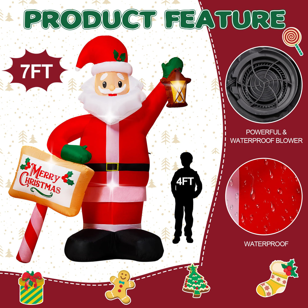 7FT Christmas Inflatables Santa Claus Outdoor Decorations, Blow up Santa Inflatables Holding Lantern & Merry Xmas Sign with Built-in LED Lights, Outdoor Holiday Yard Decor for Garden Lawn Porch