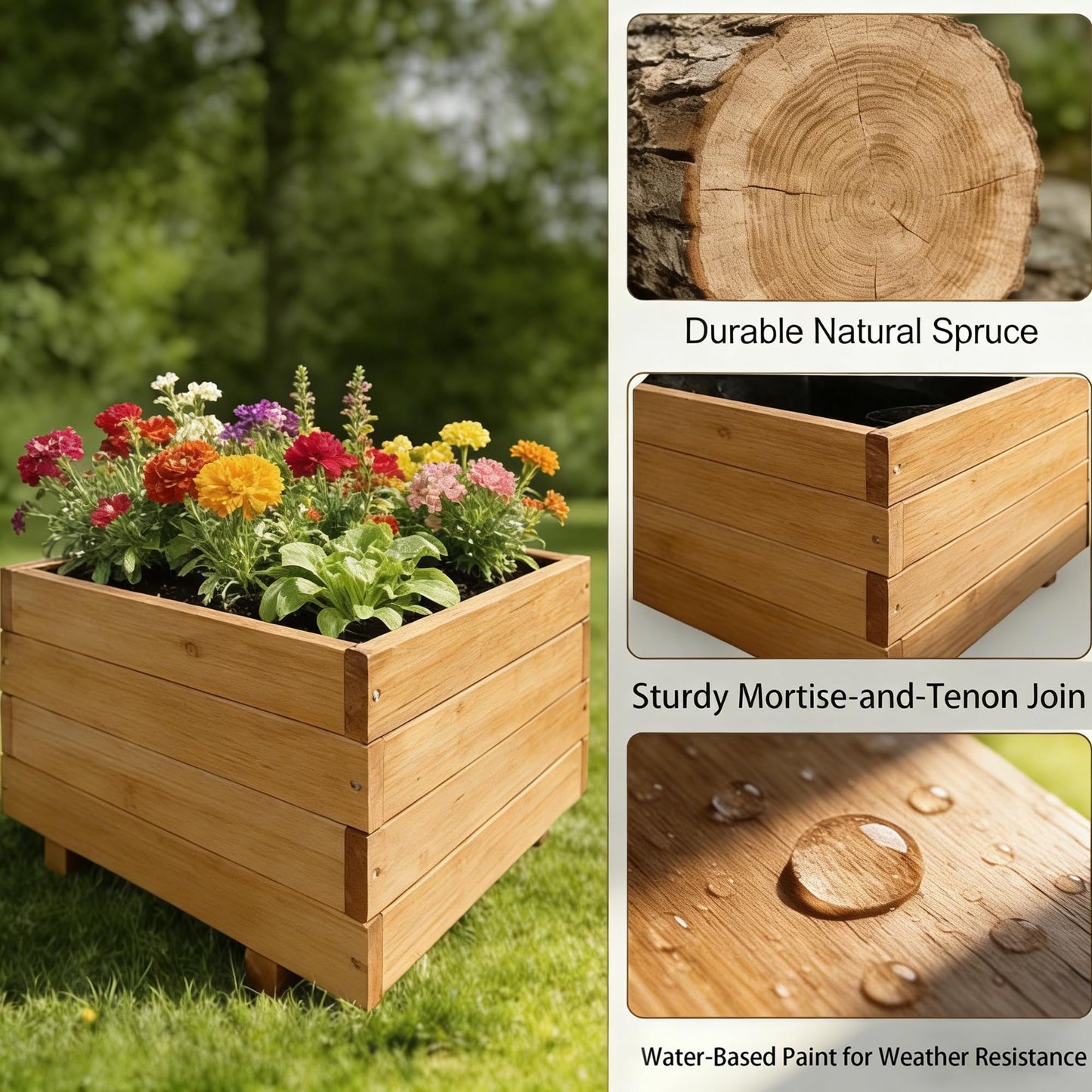 ScienGarden 15.75" Square Wooden Planter Box, 12.6" H Raised Garden Box, Fir Wood Outdoor Planter with 2 Drainage Holes, Reinforced Bottom Supports, Mortise & Tenon Corners, Water-Based Paint Finish