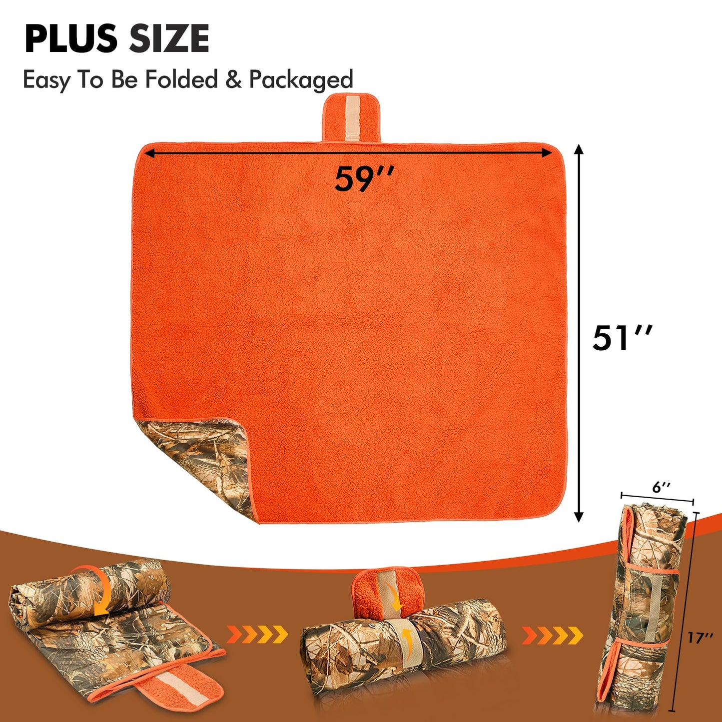 Tirrinia Waterproof Outdoor Blanket with Sherpa Lining, Windproof Triple Layers Warm Comfy Foldable for Camping Stadium, Sports, Picnic, Grass, Travel, Camo Orange Emergency Car Blanket 51''X 59''
