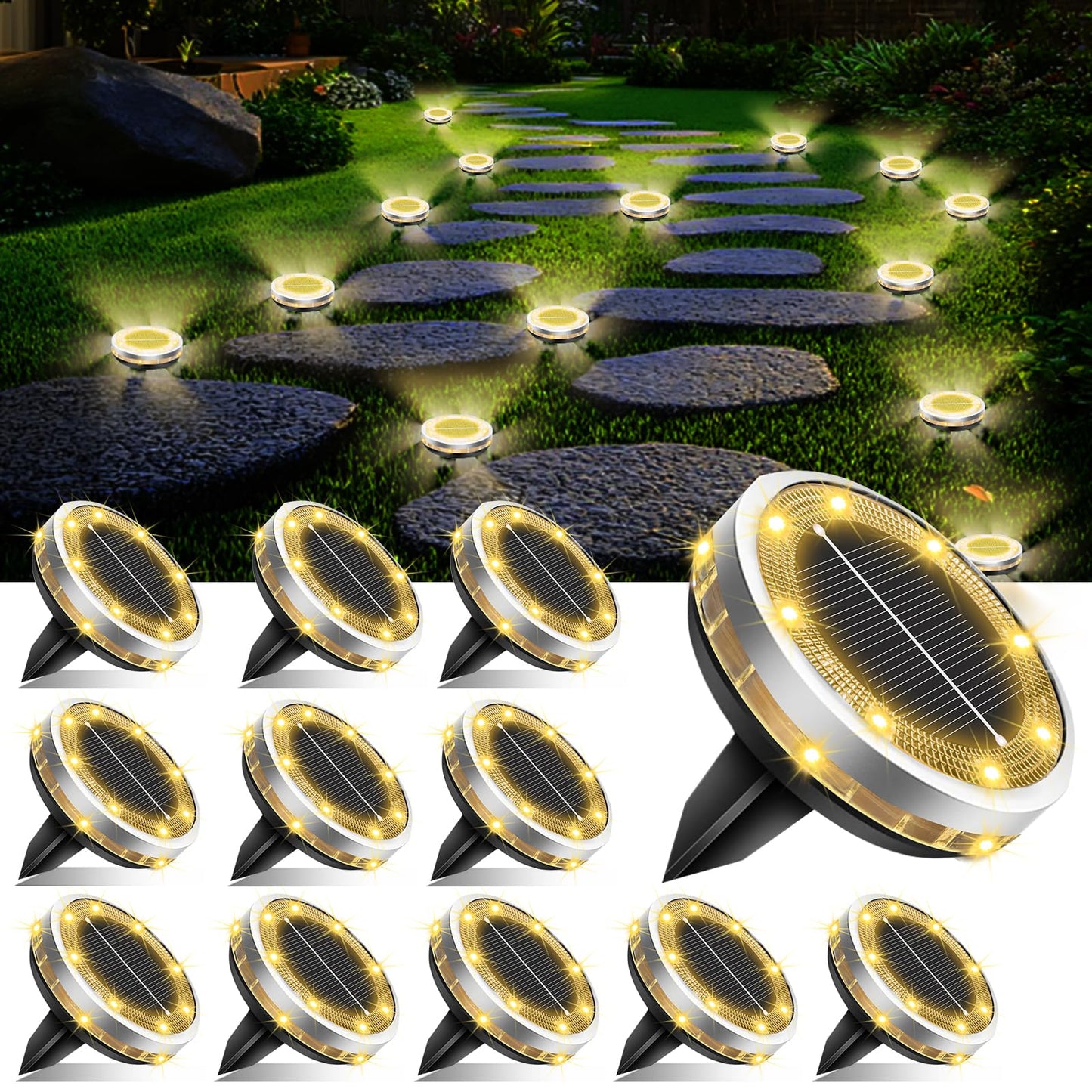 Solar Ground Lights Outdoor 12 Pack Waterproof, Upgraded Solar Garden Lights with 4 Side Light, Stainless Steel Solar Powered Disc Landscape Light for Walkway Pathway Lawn Yard Patio Deck-Warm White