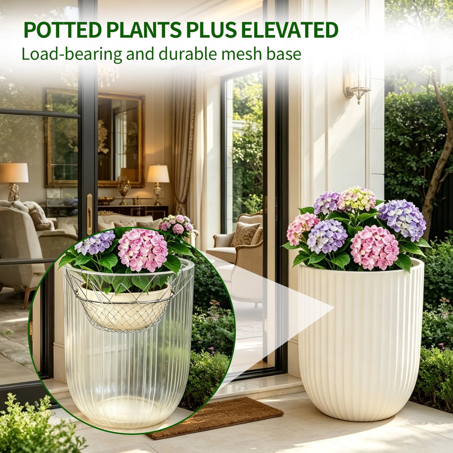 2Pcs Adjustable Planter Insert for Pots Any Height,12-18" Plant Risers for Inside Pots,Heavy Duty Rustproof Stainless Steel Plant Pot With Chains, Chain Pot Fillers for Tall Planters to Reduce Soil
