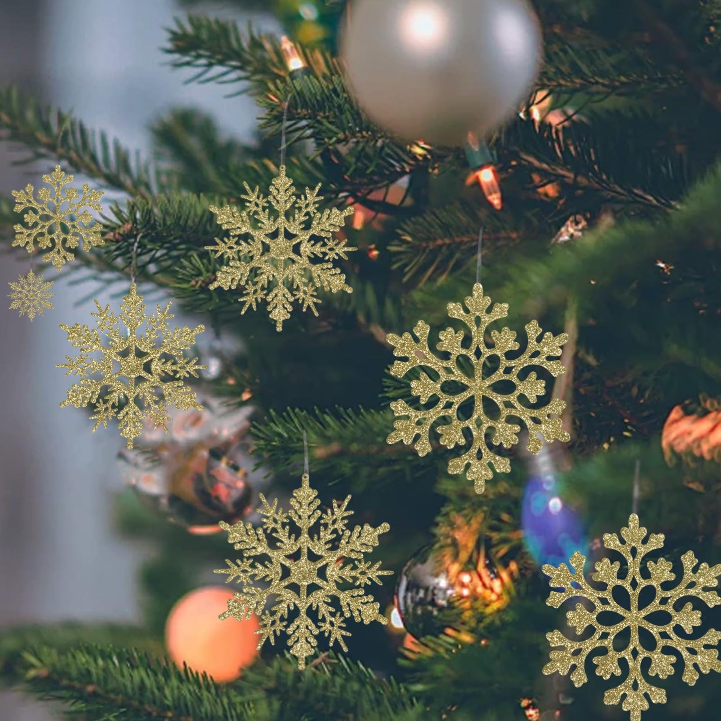 36pcs Christmas Gold Snowflake Ornaments Plastic Glitter Snow Flakes Ornaments for Winter Christmas Tree Decorations Size Varies Craft Snowflakes