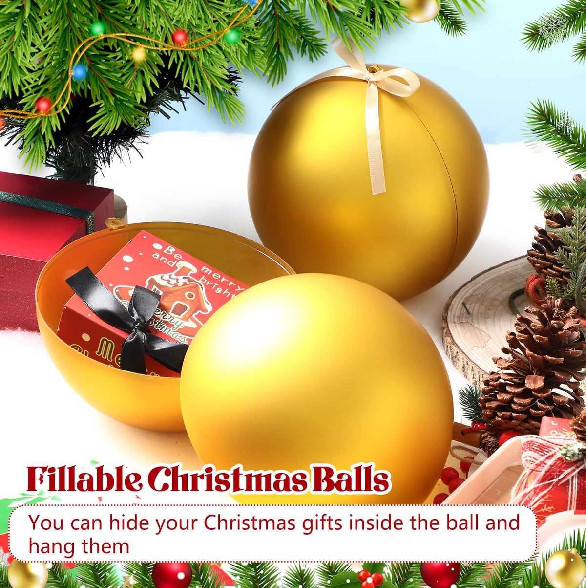 Zubebe 2 Pcs 8" Giant Fillable Christmas Ornaments with Ribbons Oversized Plastic Xmas Balls for Outdoor Lawn Yard Decor, Tree Hanging, Holiday Gifts(Matte Gold)