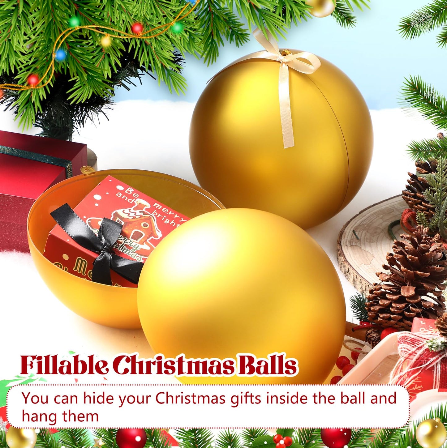Zubebe 2 Pcs 8" Giant Fillable Christmas Ornaments with Ribbons Oversized Plastic Xmas Balls for Outdoor Lawn Yard Decor, Tree Hanging, Holiday Gifts(Matte Gold)