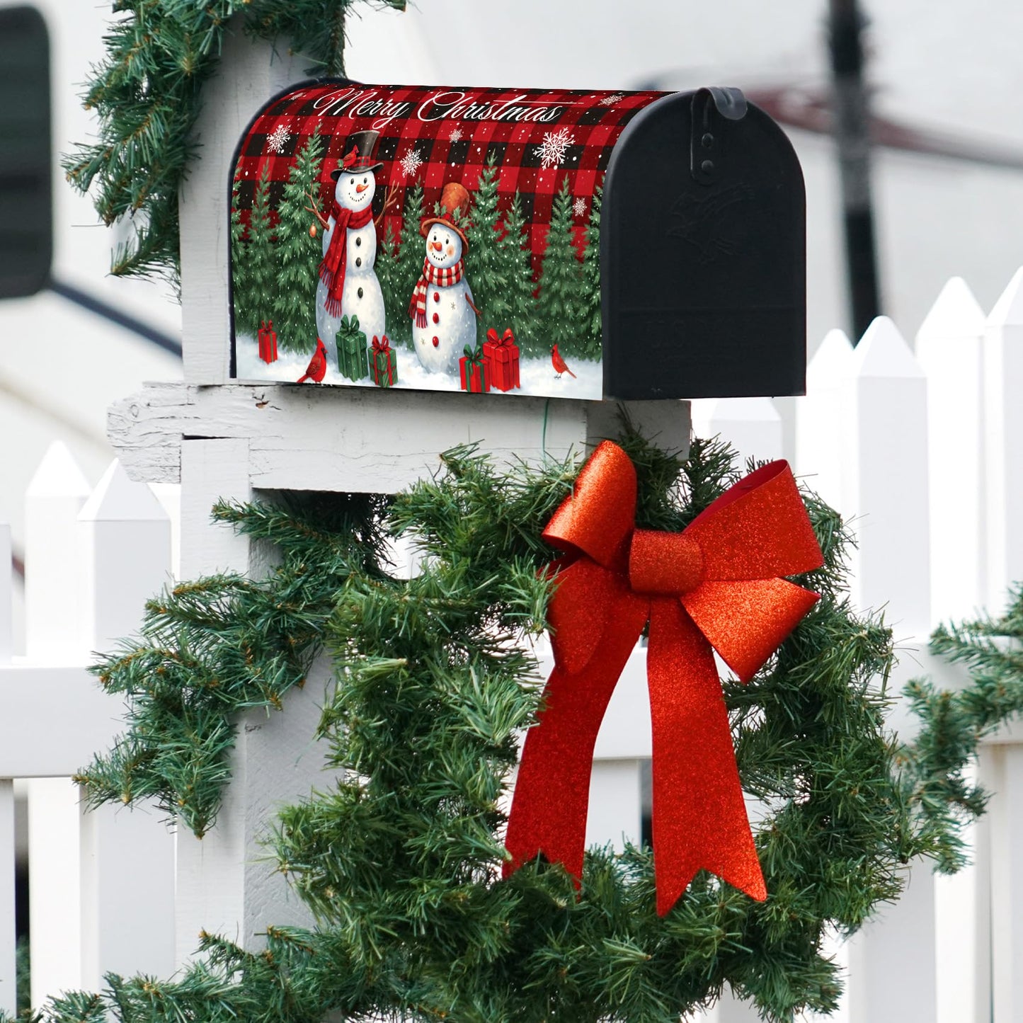 Texupday Merry Christmas Snowman Cardinal Buffalo Plaid Mailbox Cover with Magnetic Strip Winter Holiday Mailbox Wraps Post Letter Box Cover Standard Size 21" X 18" for Garden Outdoor Yard Decor
