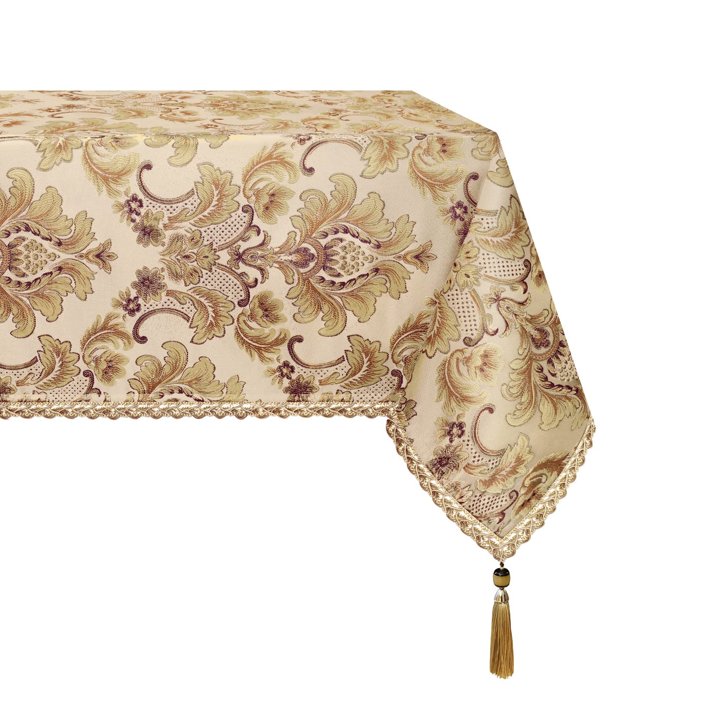 Loom and Mill Luxury Rectangle Tablecloth 60 x 120 Inches, Elegant Damask Golden Floral Table Cover with Handmade Tassels for Dining Table Banquets Decorations(Beige, 60"x120")