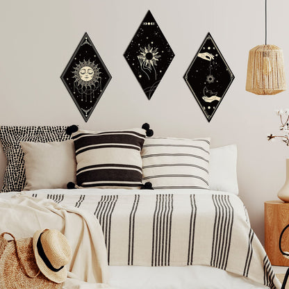 Sintuff 6 Pieces Gothic Wall Decor Boho Sun Moon Phases Wall Art Gothic Minimalist Stars Sun Hanging Wooden Home Decor Farmhouse Pediments for Gallery Living Bedroom Room(Boho)