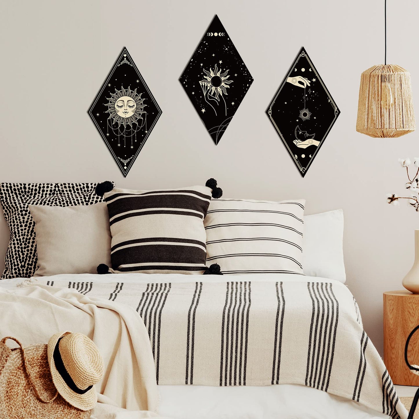 Sintuff 6 Pieces Gothic Wall Decor Boho Sun Moon Phases Wall Art Gothic Minimalist Stars Sun Hanging Wooden Home Decor Farmhouse Pediments for Gallery Living Bedroom Room(Boho)