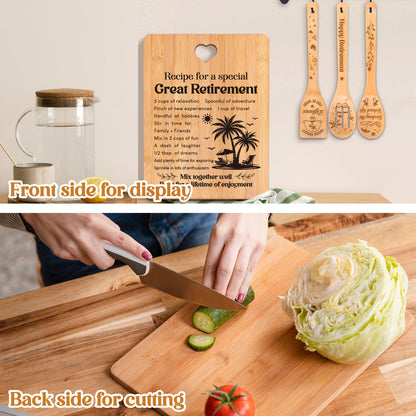 Retirement Gifts for Woman/Men 2026, Happy Retirement Bamboo Cutting Board Set for Colleagues, Coworker, Friend, Teacher, Boss, Parents, Family - Recipe for a Special Great Retirement.