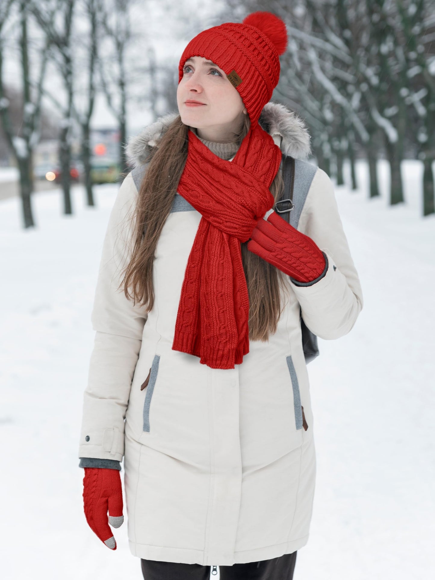 URATOT Women Winter Beanie Hat Scarf Gloves 3 in 1 Set for Women Fleece Lined Beanie Pompom Hat Touchscreen Gloves Long Scarf Red