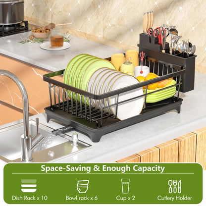 SavvyStor Dish Drainer Rack - Space Saving Dish Rack for Kitchen Counter, Kitchen Dish Drainer with Utensil Holder, Drain Board, Black