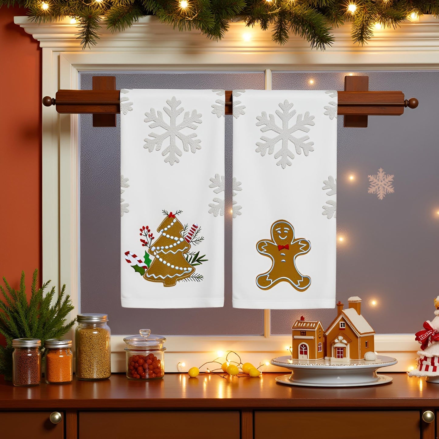2 Pack Christmas Gingerbread Hand Towels 100% Cotton Jacquard Snowflake Embroidered Candy holiday Kitchen dish Towels Retro Neutral Beige Bathroom Towels Set gift Seasonal Xmas Winter Bathroom Decor