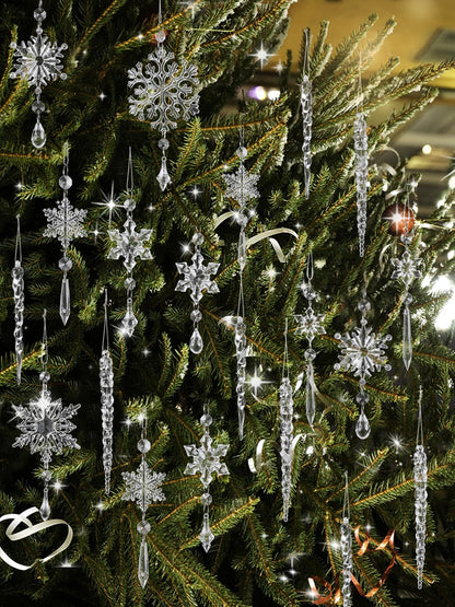 24pcs Snowflake Icicle Ornaments Christmas Tree Decorations - Large Crystal Acrylic Indoor Hanging Decor Set for Xmas Winter Themed Wonderland Party