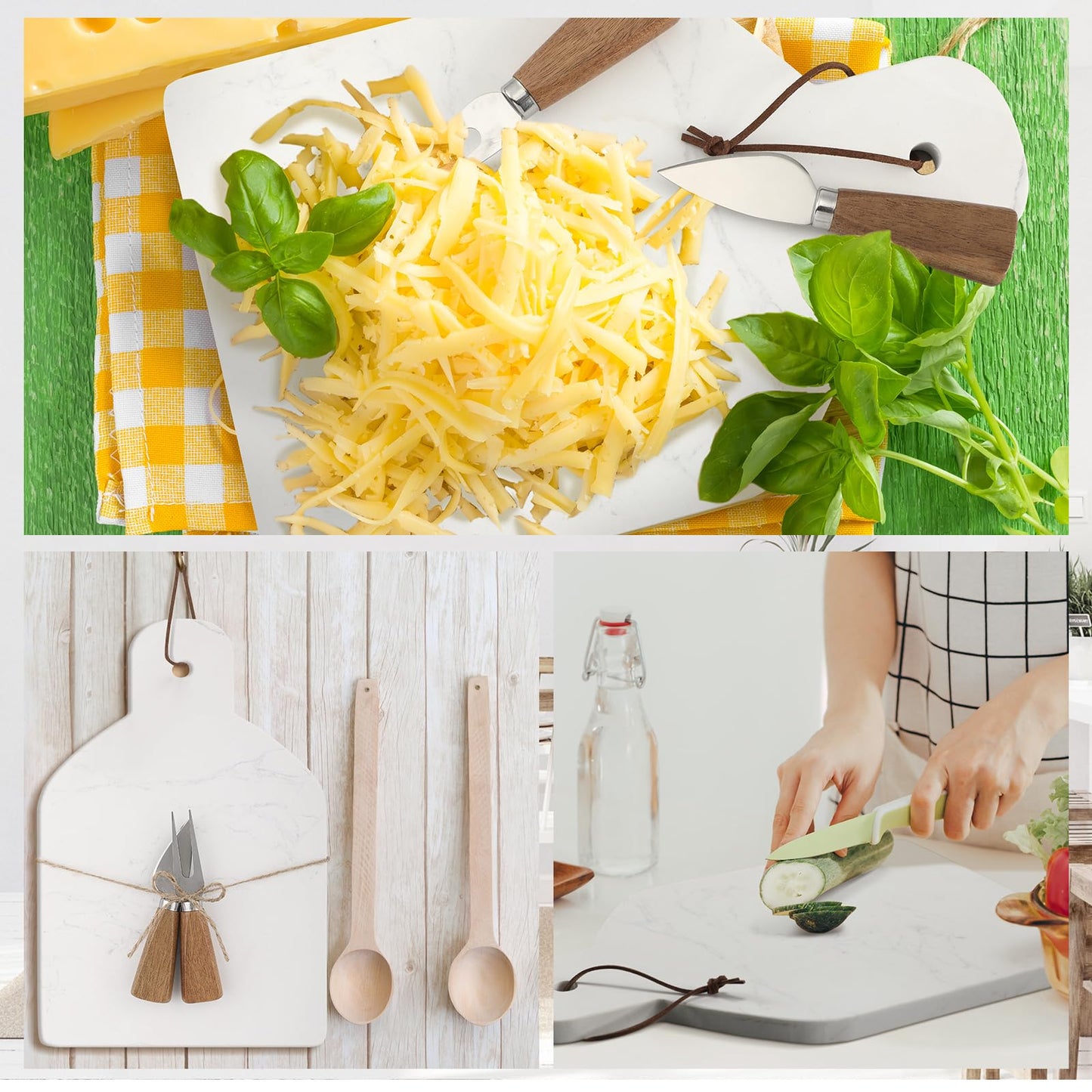 Patelai Marble Cutting Board Set of 3, White Cheese Board Charcuterie Chopping with Knife Fork 12 x 8 x 0.5 in Stone Serving Tray Slab with Handle for Kitchen Pastry Meat Fruit Housewarming Gift