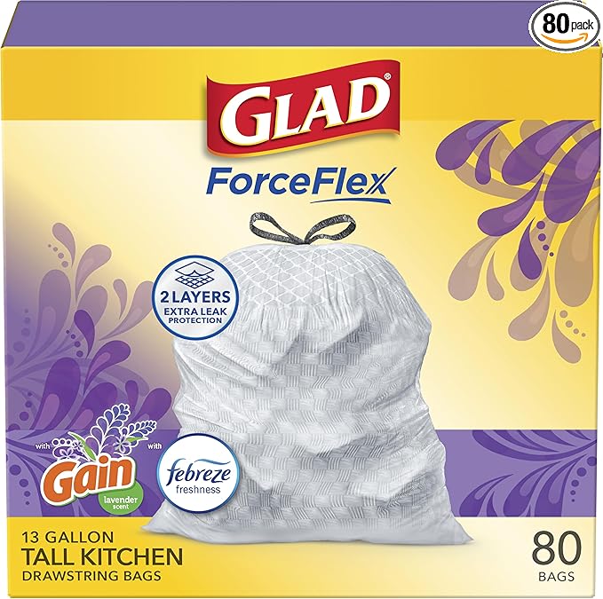 Glad ForceFlex Tall Kitchen Drawstring Trash Bags, 13 Gal, Gain Lavender