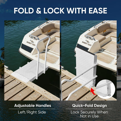Foldable Boat Boarding Platform with Handrails – 500LB Capacity Heavy-Duty Iron Dock Steps, Anti-Rust Anti-Slip Surface, Dock Extension