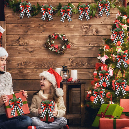 Syhood 6 Pcs Christmas Bows with Pine Cones Pine Needles Xmas Plaid Bows Black White Ribbon Christmas Tree Wreath Decoration for Xmas Parties Indoor Outdoor Crafts DIY Decor
