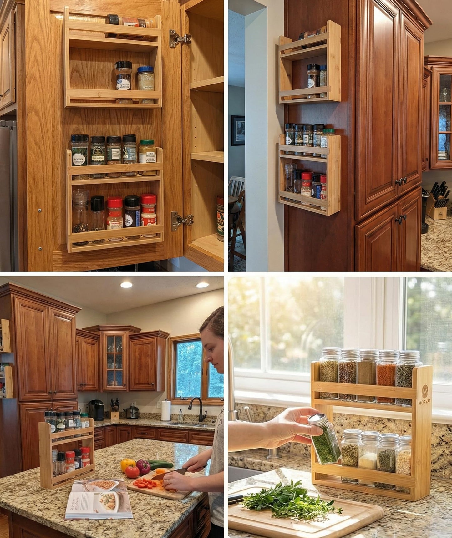 Morvat Bamboo Wooden Spice Jar Rack, 2-Tiered Seasoning Holder Organizer Set with 2 Shelves, Spice Storage Shelf for Kitchen Pantry & Cabinet, Counter or Wall Mount Option with Included Hardware