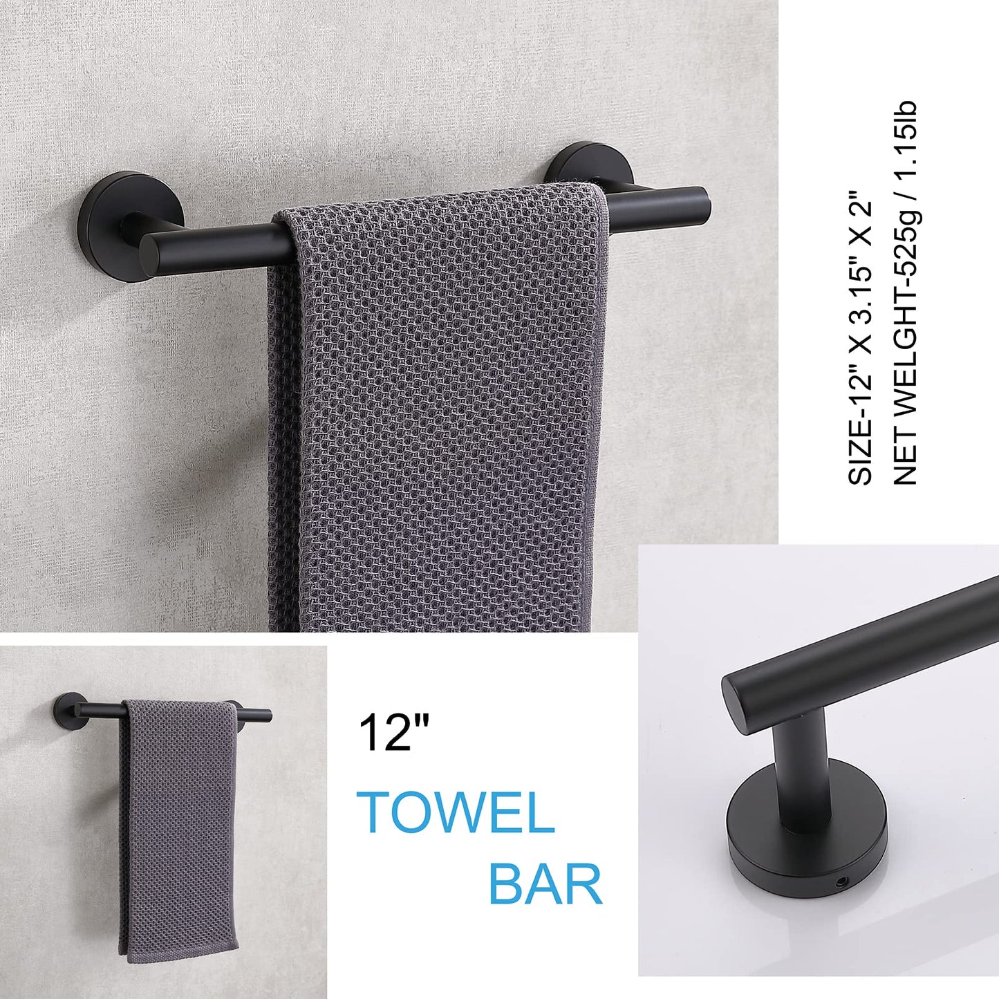 TASTOS 12 Inch Black Single Towel Bar Rack, SUS 304 Stainless Steel Round Bathroom Towel Bar Heavy Duty Towel Holder Kitchen Towel Rod, Wall Mount with Screws Towel Bar Rod Matte Black Finish