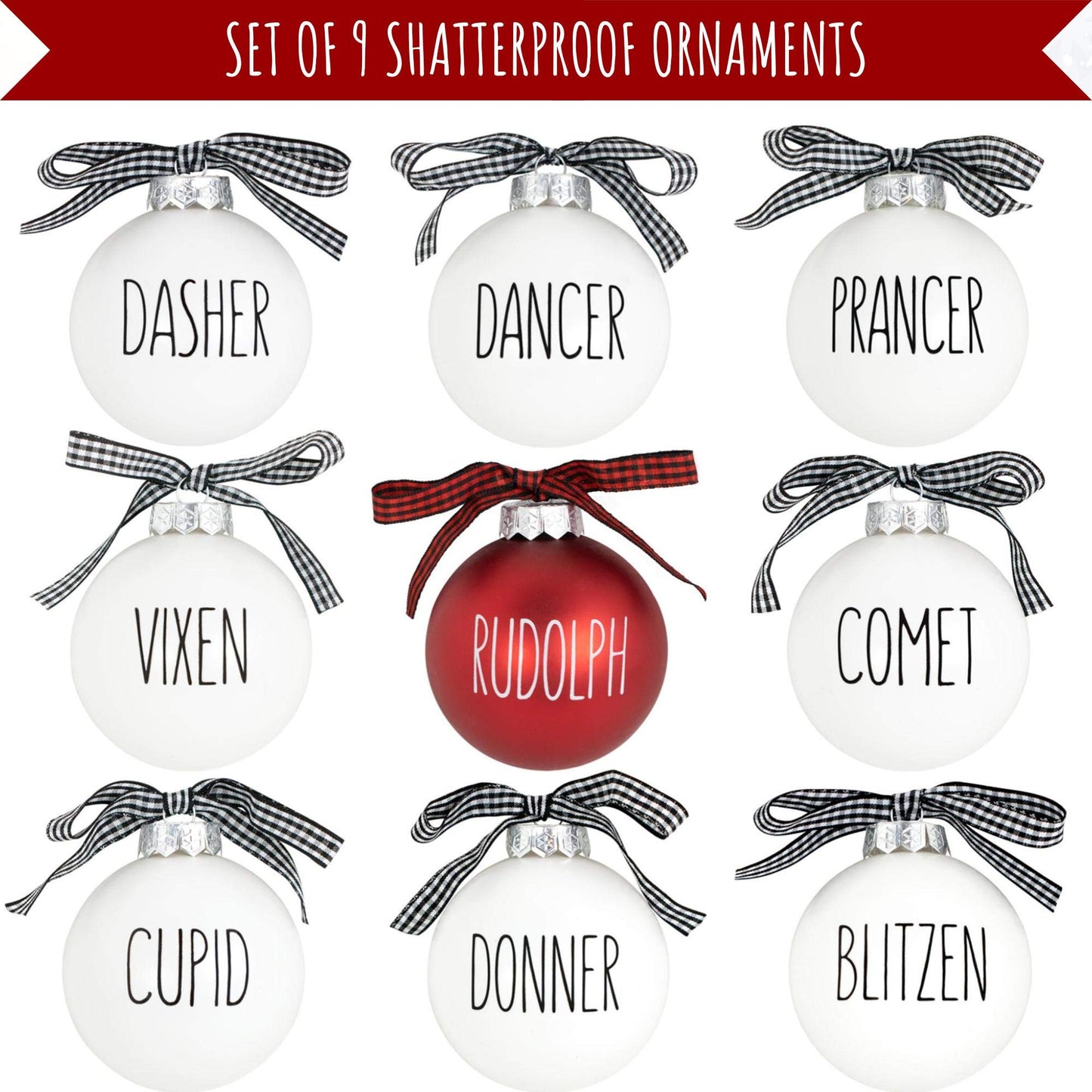 Buffalo Plaid Christmas Tree Ornaments - Set of 9 Shatterproof Bulbs - Farmhouse Reindeer Ornaments with Buffalo Check Bow - Compatible with Rae Dunn Rustic Decorations - Matte White & Red for Rudolph