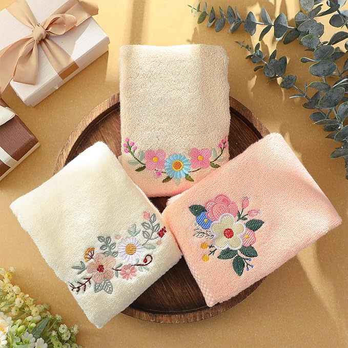 3 Pcs Boho Flowers Hand Towels Embroidered Modern Flowers Bathroom Decor 14x29