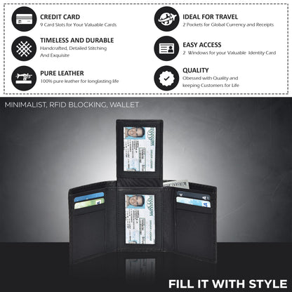 Black Leather Wallets | Trifold | 9 Credit Card Slots | Travel Friendly | RFID Blocking | 2 ID Slots