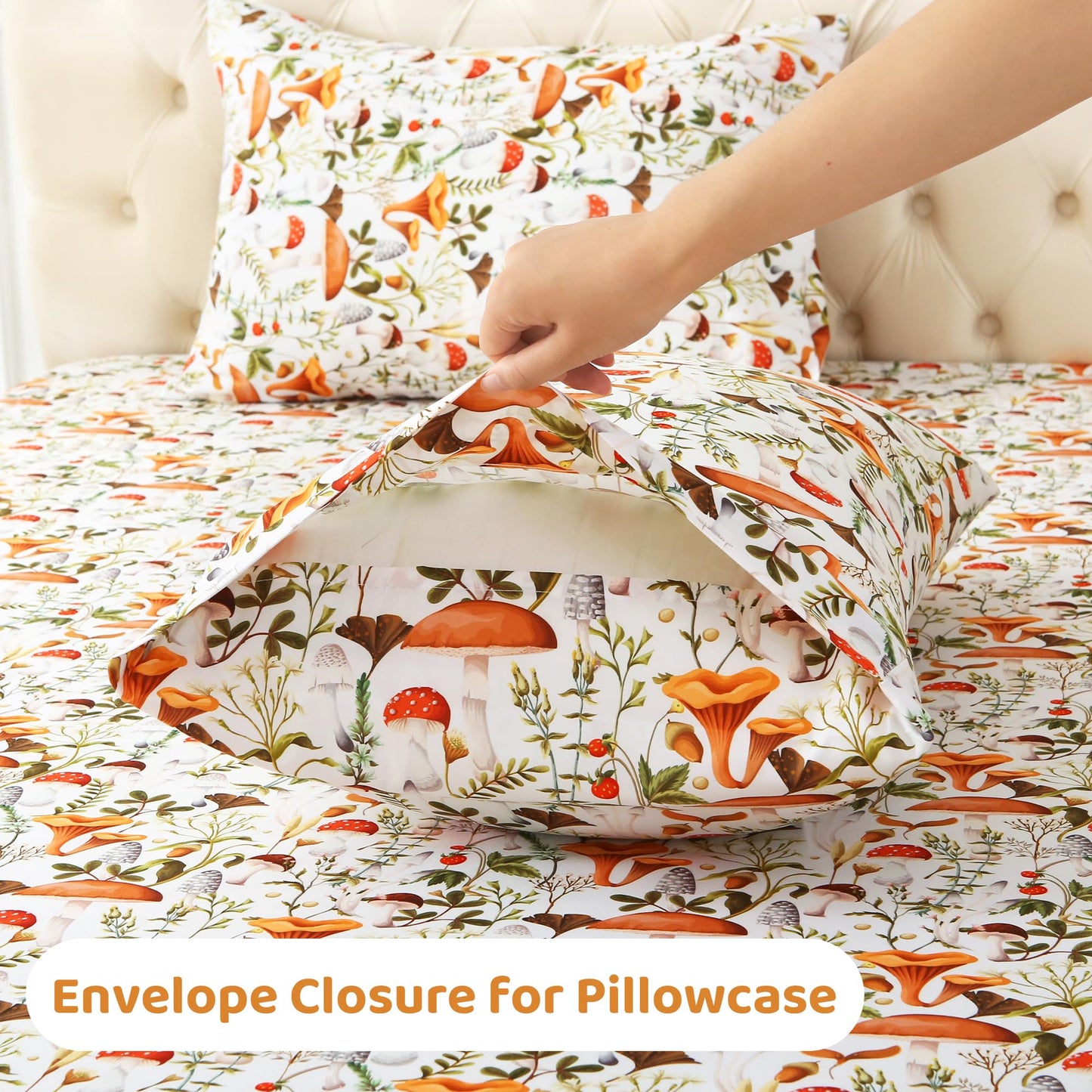 Mooreeke Cozy Vintage Microfiber Printed Full Sheet Set - Soft & Breathable Percale Mushroom Forest Bed Sheets with Extra Deep Pocket - Non-Slip Fitted Design - Jungle Mushroom Leaves Pattern - Full