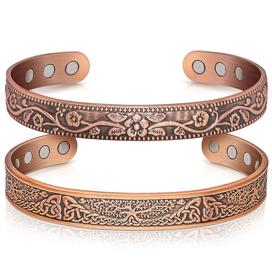 Auramag Copper Bangle for Women, Magnetic Cuff Bangle with 3500 Gauss Magnets, 100% Pure Copper Jewelry with Gift Box(Set of 2)