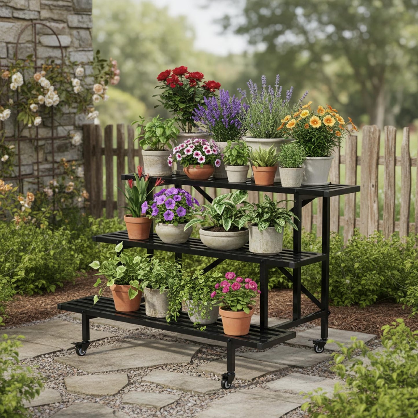 Yunphia US 3-Tier Metal Plant Stand, 45.56”L x 26”W x 23.6”H - Heavy-Duty Rolling Tiered Plant Display Rack for Indoor, Outdoor & Patio Use