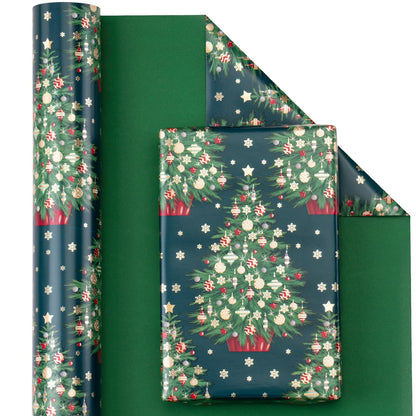WRAPAHOLIC Reversible Green Christmas Wrapping Paper - Mini Roll - 17 Inch x 33 Feet - Green Christmas Tree Wrapping Paper for Holiday, Party Celebration