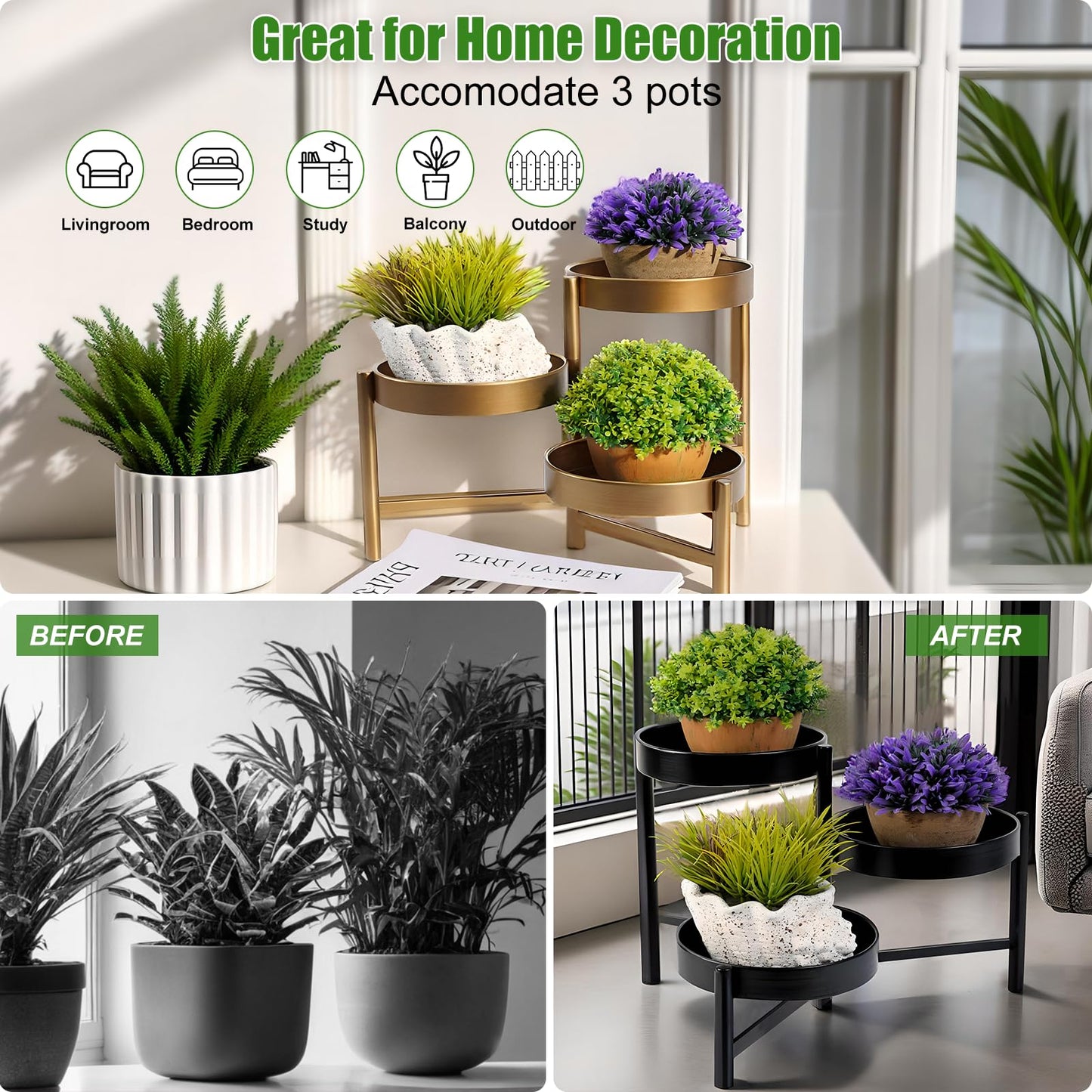 Plant Stand 3 Tier Indoor Metal Flower Shelf Corner Tabletop Holders for Garden Balcony Living Room Bedroom Patio Bronze