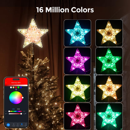 Smart Christmas Tree Topper, 9" RGB Star Tree Topper, Timer, App Control, USB Powered, Music Sync, Gold Tree Topper for Indoor Party Holiday Decor