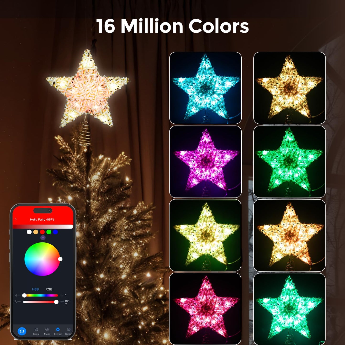 Smart Christmas Tree Topper, 9" RGB Star Tree Topper, Timer, App Control, USB Powered, Music Sync, Gold Tree Topper for Indoor Party Holiday Decor