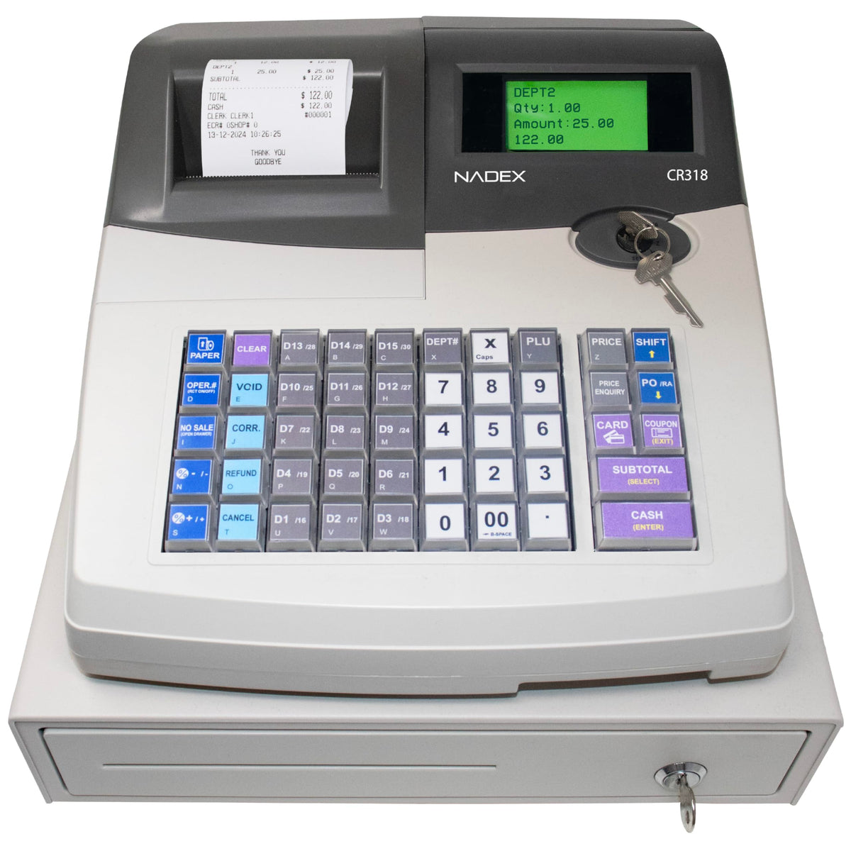 Nadex CR318 POS Cash Register, Thermal Printer, Steel Drawer, Multi-Clerk Support, White