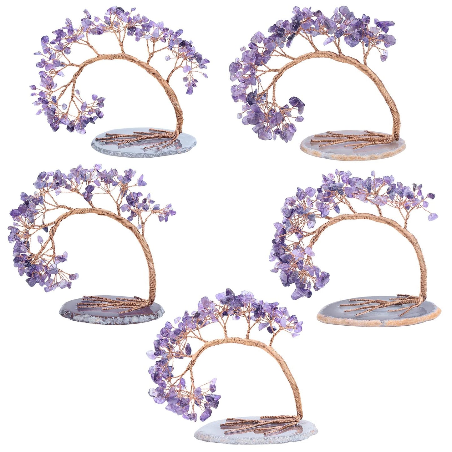TUMBEELLUWA Reiki Crystal Money Tree with Agate Slice Base Feng Shui Stone Bonsai Tree Figure Decor for Happiness Good Luck and Wealth, Amethyst Stones