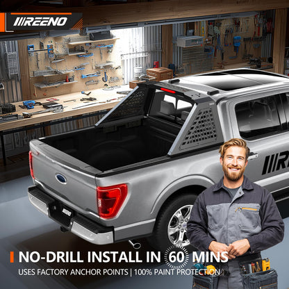 Roll Bar for Full-Size Pickup Trucks - Universal Truck Bed Rack & Chase Rack with Third Brake Light Combo, Heavy Duty Headache Rack, No Drilling